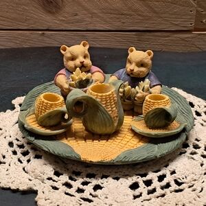 Bear Figurine Tea Set with Corn Design